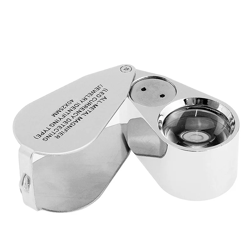 40X Illuminated Jeweler LED UV Lens Loupe Magnifier with Metal Construction and Optical Glass