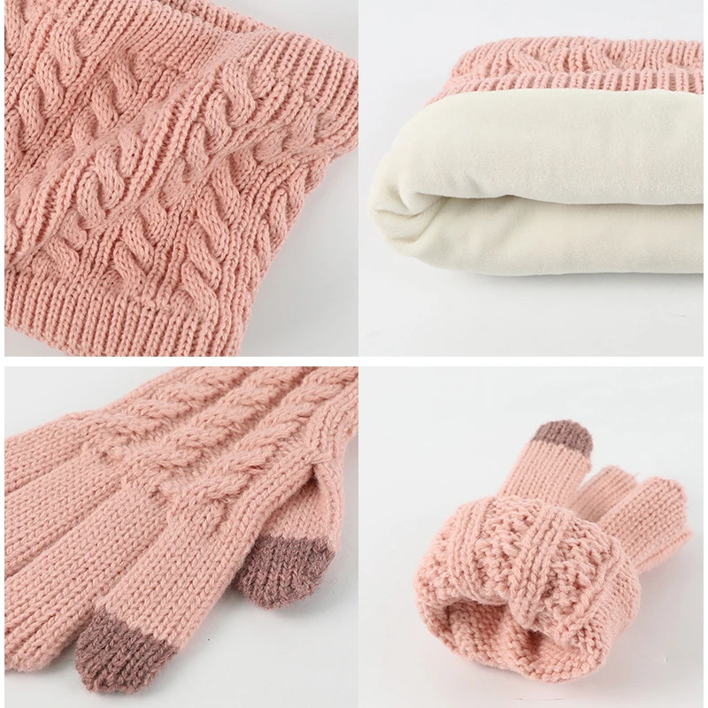 Warm Scarf Glove Hat Beanie Set with Fleece Cable Knit Winter Gift Set Pom Cap Touch Screen Glove Long Scarf 3 PCS Set for Women