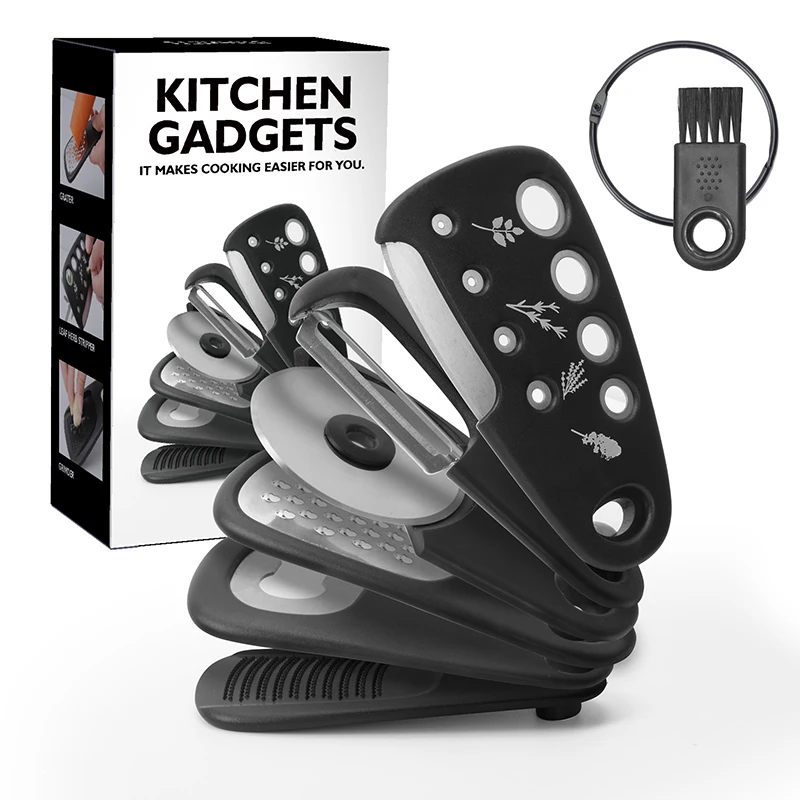 Stackable 6 pieces kids kitchen tools- Melon shaver Vanilla cutter Garlic grinder Can opener Cheese shaver Pizza knife