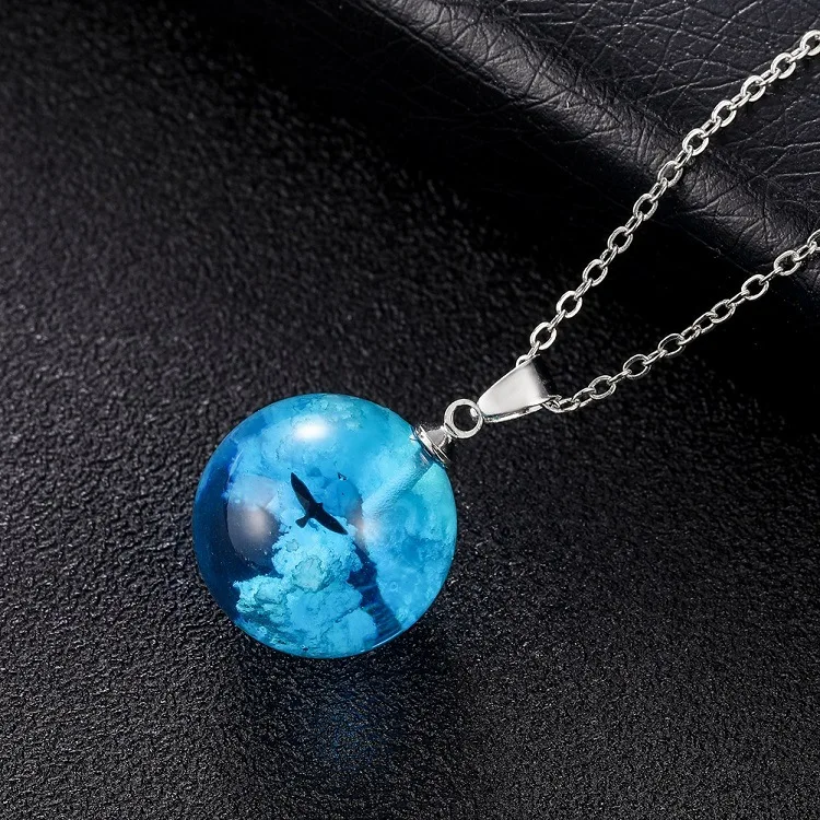 Blue Sky Jewelry White Cloud In Resin Handmade Fashion Ball Pendant Necklace Rectangle Wood Resin Pendant Necklace
