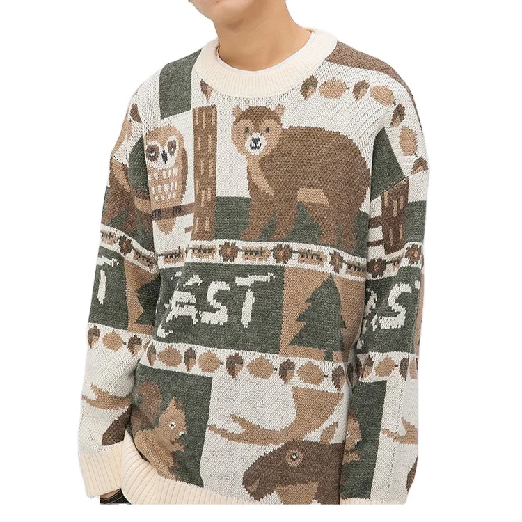 winter sweater for mens color matching jacquard sweater  couple oversized thickened sweater unisex knitwear