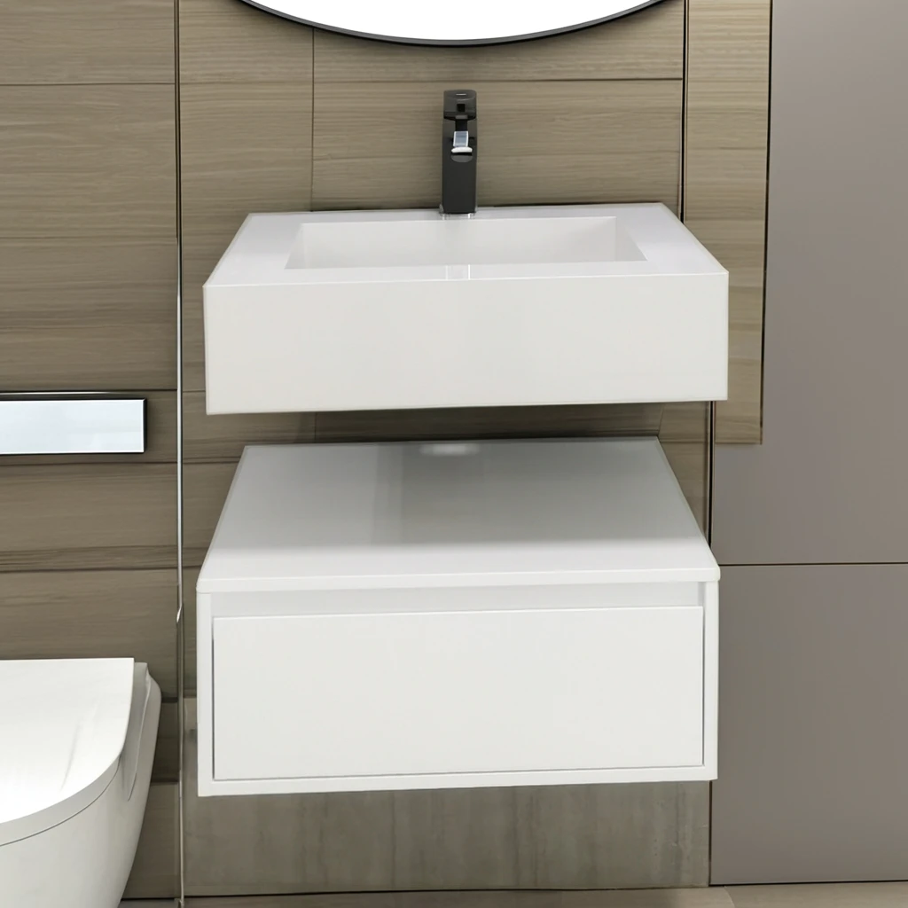 Customized wooden hotel engineering series bathroom cabinet white with mirror, seamless basin on rock countertop