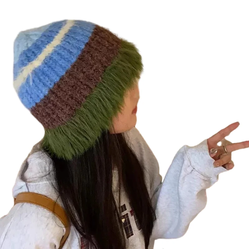 Wholesale Winter Classic Fashion Colorful Retro Handmade Warm Plush Hat Knitted Bucket Hat For Women