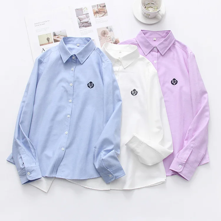 Custom university school uniform student clothing badge girls formal solid shirts teen button up long sleeve blouse