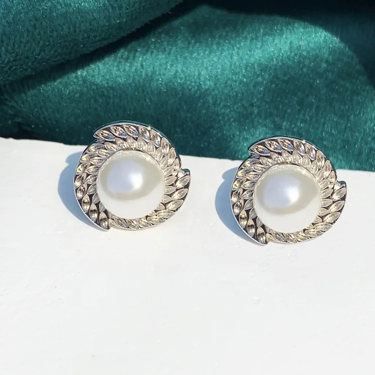 Sterling 925 Silver Women Jewelry Freshwater Pearl Stud Earrings Geometric Design Women Engagement