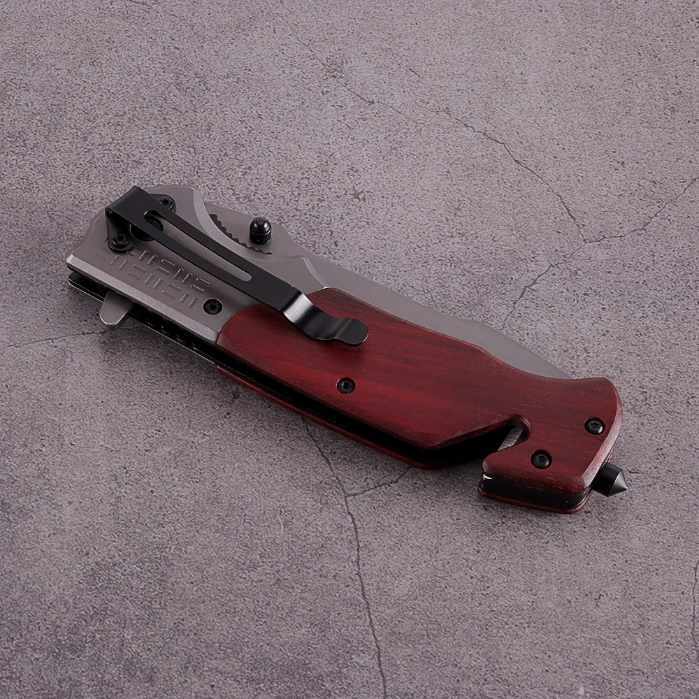 
Hot Selling Multi-function Colorful Wooden Handle Folding Knife Military Tactical Knife with Impact Hammer 