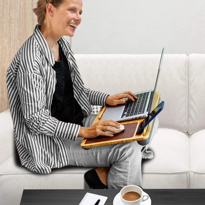 Bamboo laptop desk portable laptop stand with built in brown mouse pad and anti-slip bar