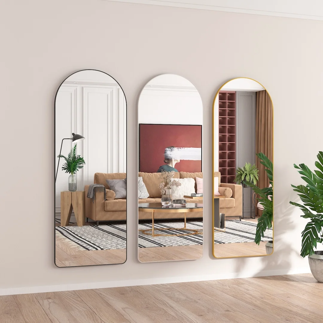 Factory Supply Explosion Proof Ubreakable Tempered Glass Metal Frame Arch Dressing Floor Standing Wall Hanging Home Decor Mirror