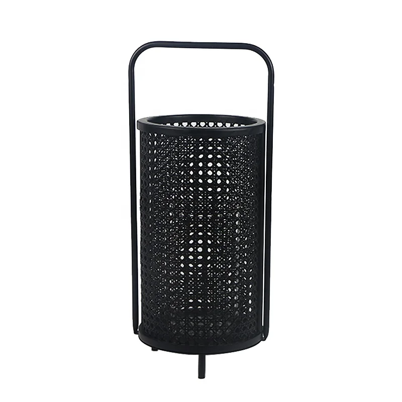 
Straight tube matte black woven hollow out natural element metal home decorative lantern Built-in glass candle cup 