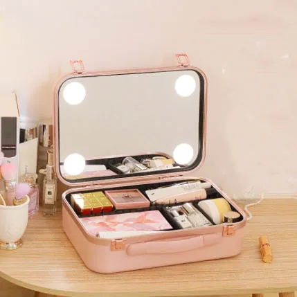 Hot Sale New Fashion Aluminum Cosmetic Box with LED Lights Mirror Travel Vanity Boxes Beauty Letter Pattern Hasp Closure Type