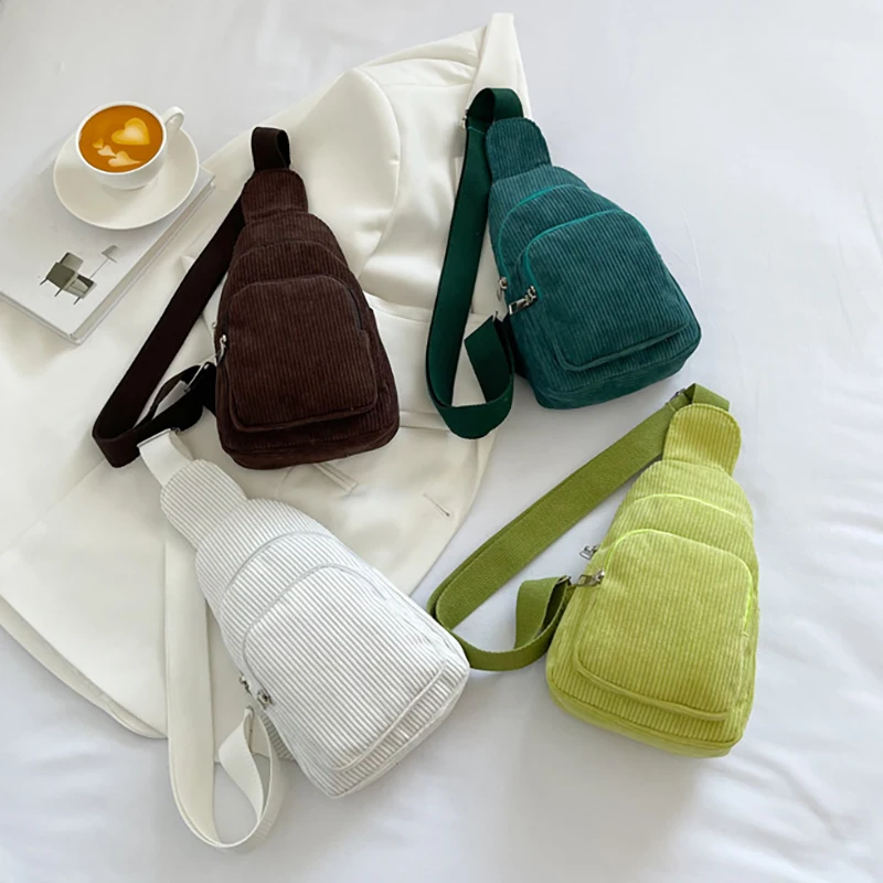 Popular Cute Mini Simple style Streak pattern Women Polyester 2 zipper corduroy crossbody bag