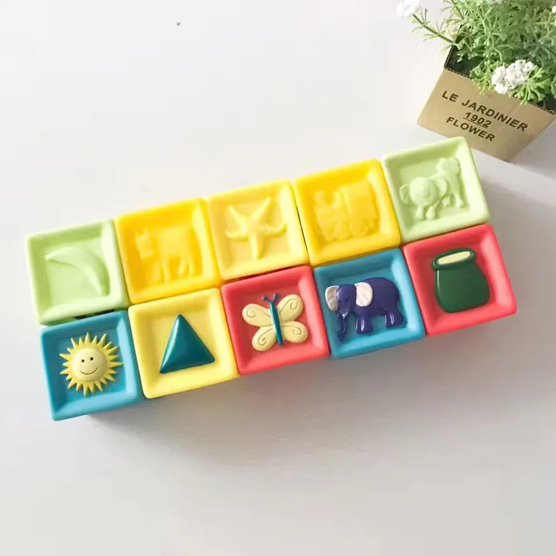 Educational Kids Bricks Intellect Soft Squeeze Stacking Rubber Baby Silicone Building Blocks Toy