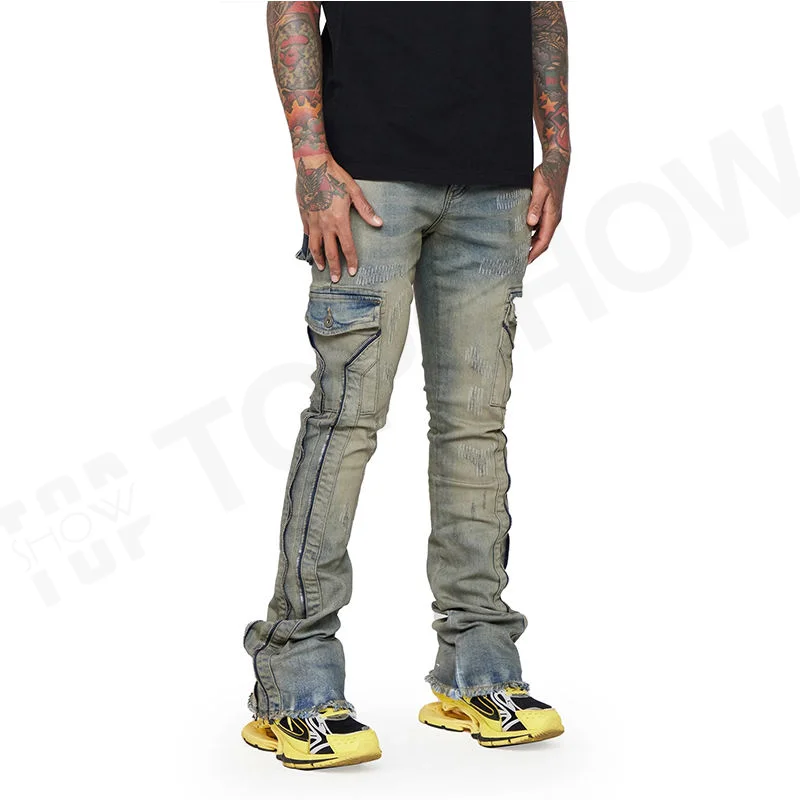 Manufacturer Vintage Washed Denim Pants Men Wholesale Custom Brand Logo Zipper Stacked Jeans Raw Hem Slim Fit Cargo Jeans Flare