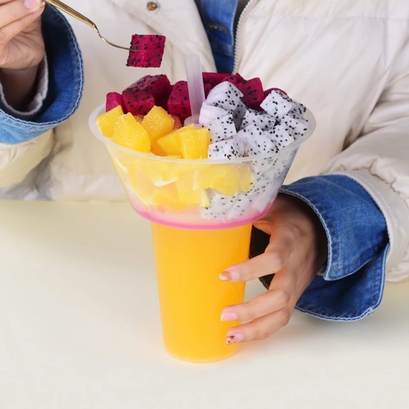 disposable Custom pp reusable hard plastic cup  Hot Pot And milk tea fruit 2 in 1 snack and drink cup with lid and straw