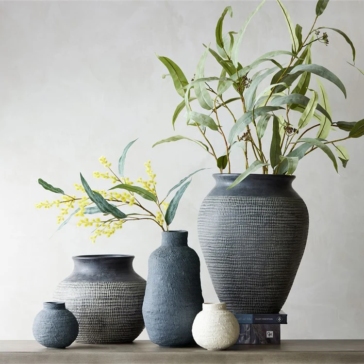 Retro custom logo embossed textured living room handcrafted flower vase bud vases ceramic vase for home decor