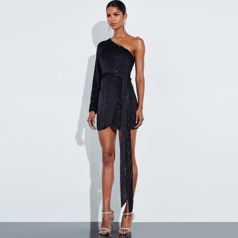 
OEM Custom Wholesale Elegant Newest Long Sleeve One Shoulder Sequins Fitted Party Evening Shinny Dress 