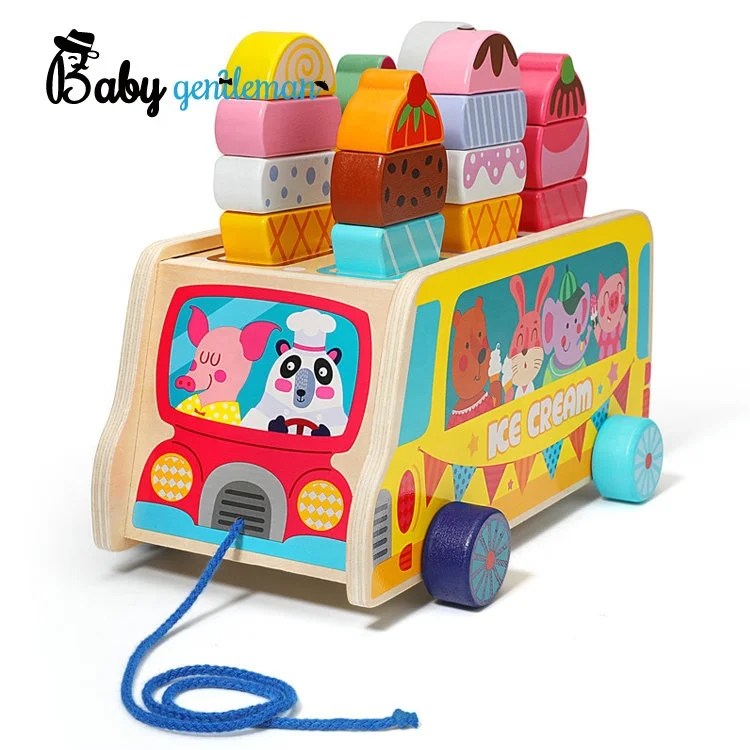 Popular Kids Educational Magnetic Blocks Set Wooden Drag Ice Cream Truck Toy Z13047C