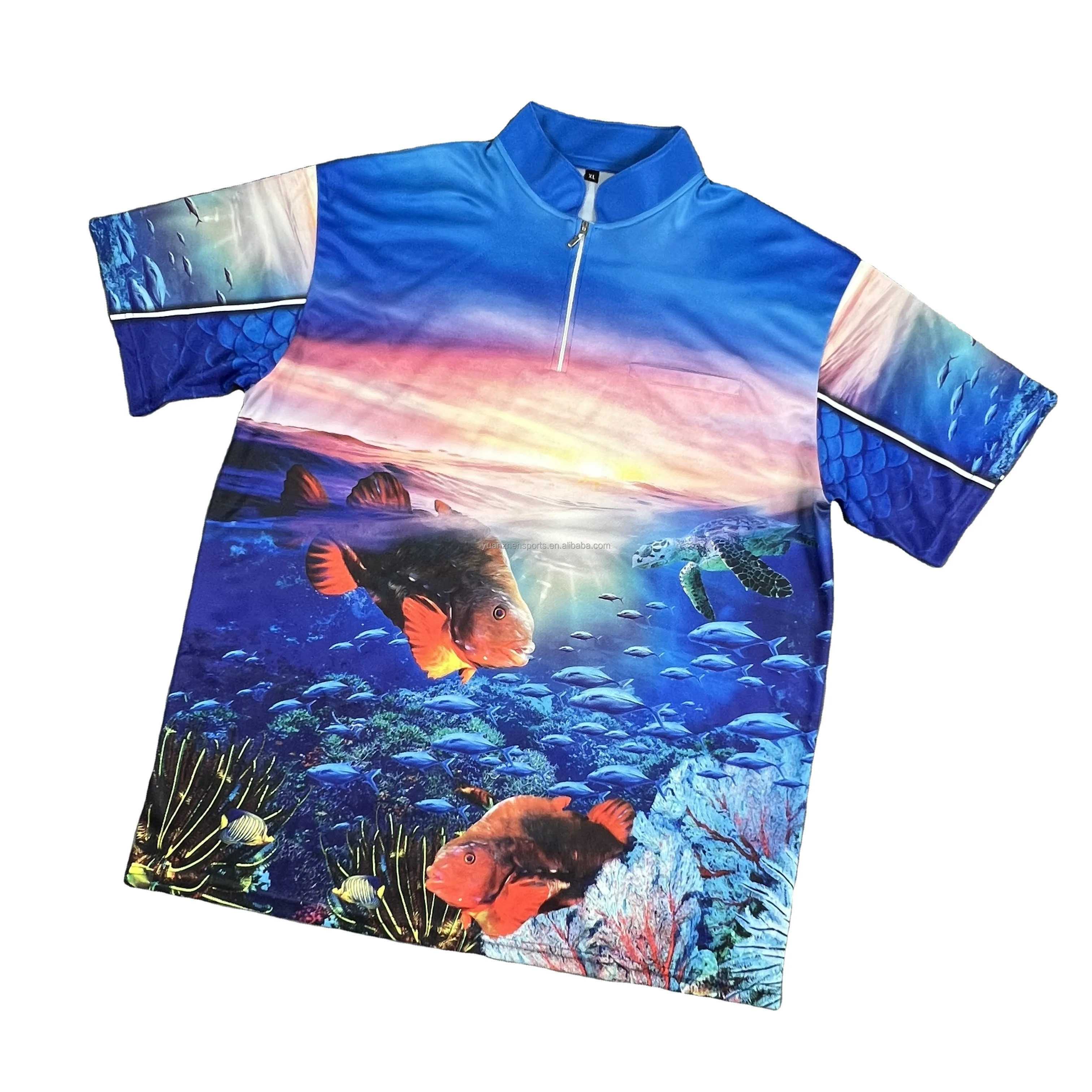 custom digital printing shorts sleeve stand up collar polo fishing shirt with internal pocket