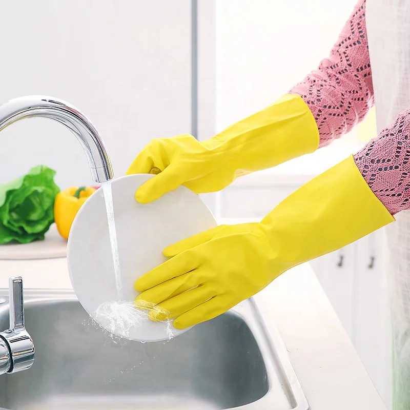Natural Waterproof Elongated Thick 30cm Yellow Latex Household Cleaning Dishwashing Rubber Gloves