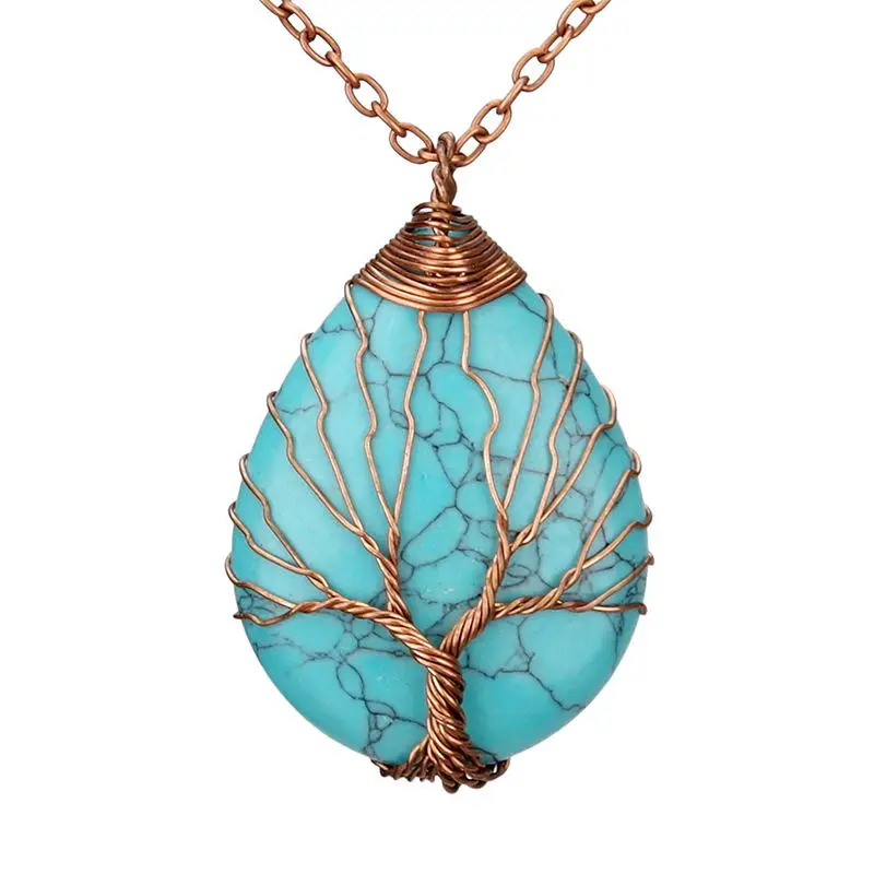 2023 Tree Of Life Wire Wrapped Copper Teardrop Natural Gems Pendant Necklace
