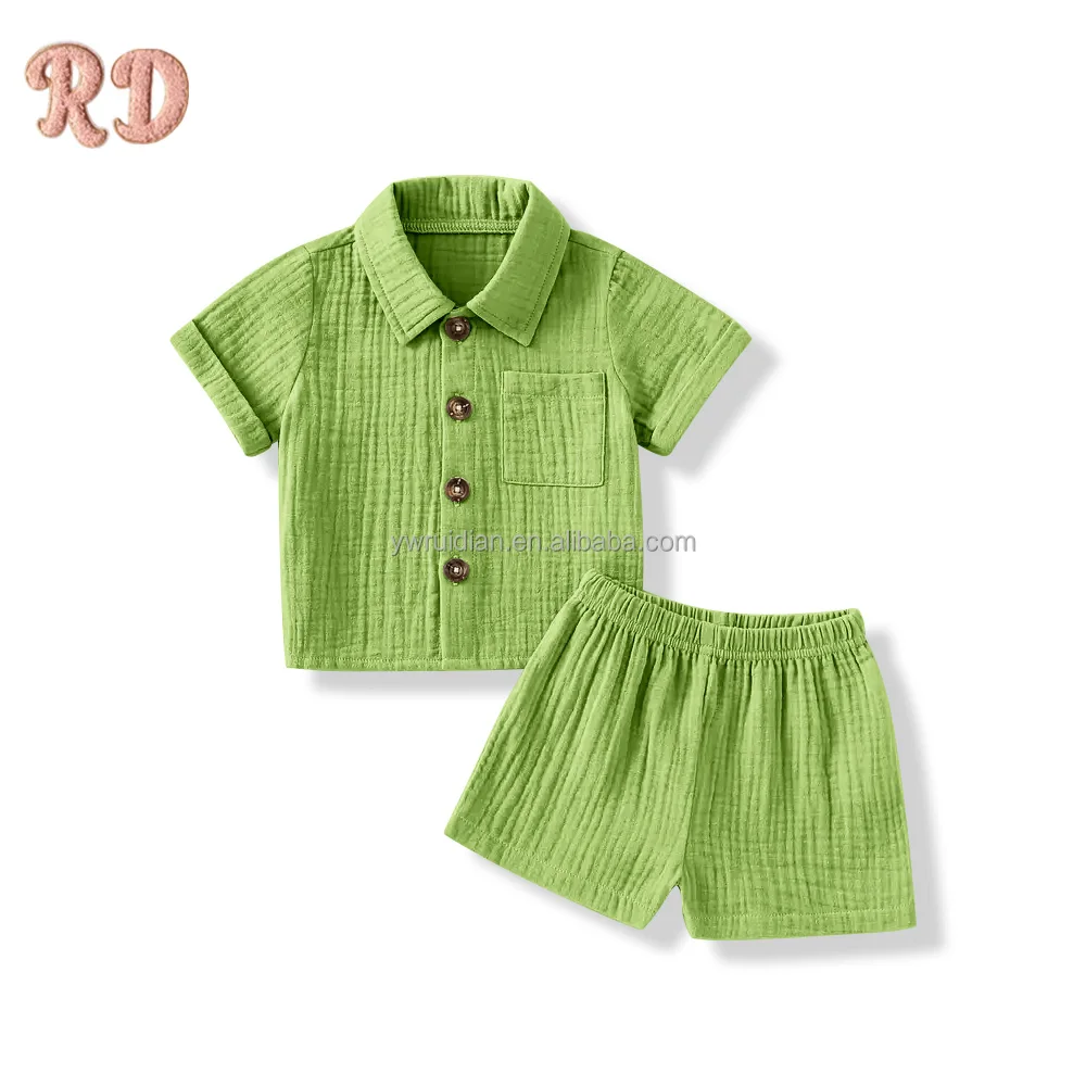 Yiwu Ruidian Kids Custom Wholesale High Quality Cotton Muslin Breathable Cotton Linen Shirt Sets Toddler Boys Clothing Girls Set