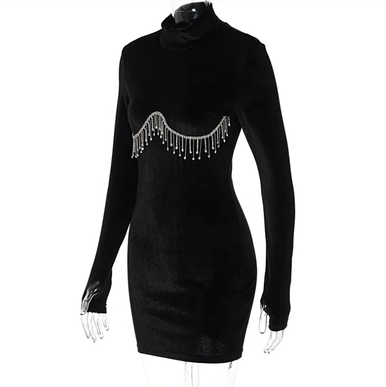 New Velvet Turtleneck Long-sleeved Bodycon Ladies Mini Dresses Diamonds Tassel Body Con Women Party Dress