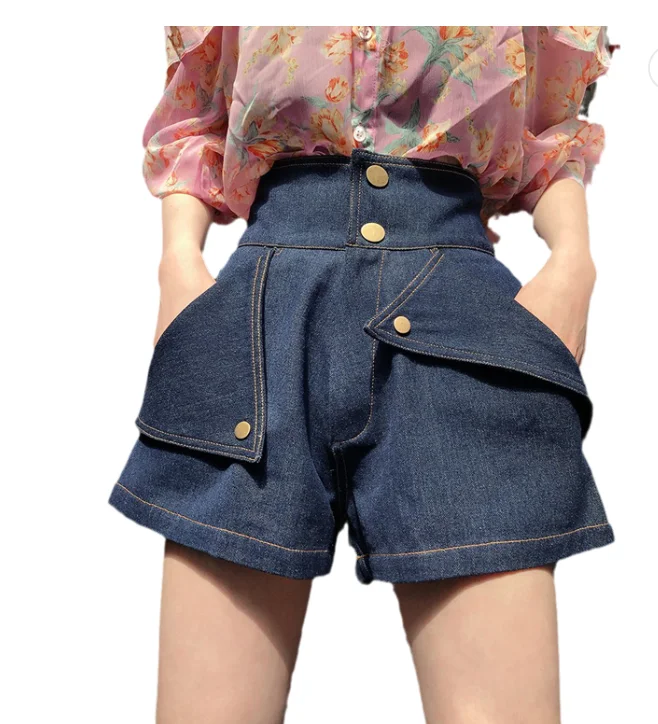 
Women Shorts Fashion Women Light Blue Paper Bag Waist Denim Jeans Shorts 