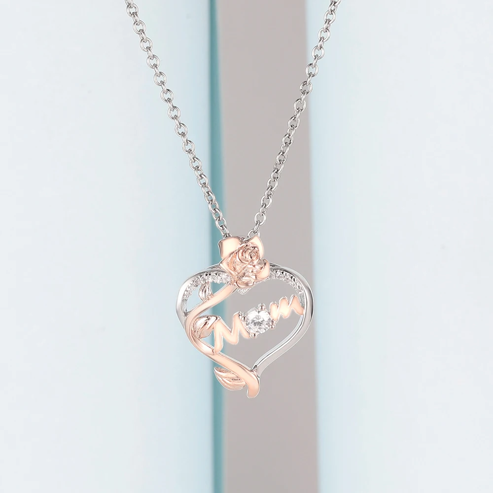 Custom Mom Birthday Jewelry Gifts 925 Sterling Silver Heart Rose Pendant Necklaces for Women Girlfriend Wife Mom