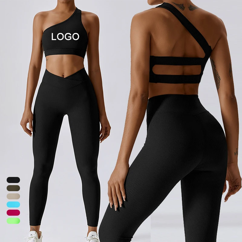 Custom Logo Ladies Gym Fitness Apparel Women Active Wear Yoga Pants One Shoulder Sports Bra Seamless Yoga Set