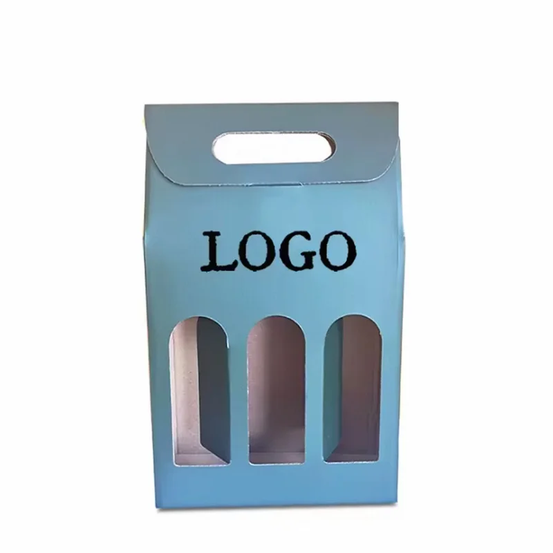 Custom Logo Cardboard Wine Box Handle Recyclable Corrugated Paper Packaging 3 Bottle Beverage Beer Wine Gift Box