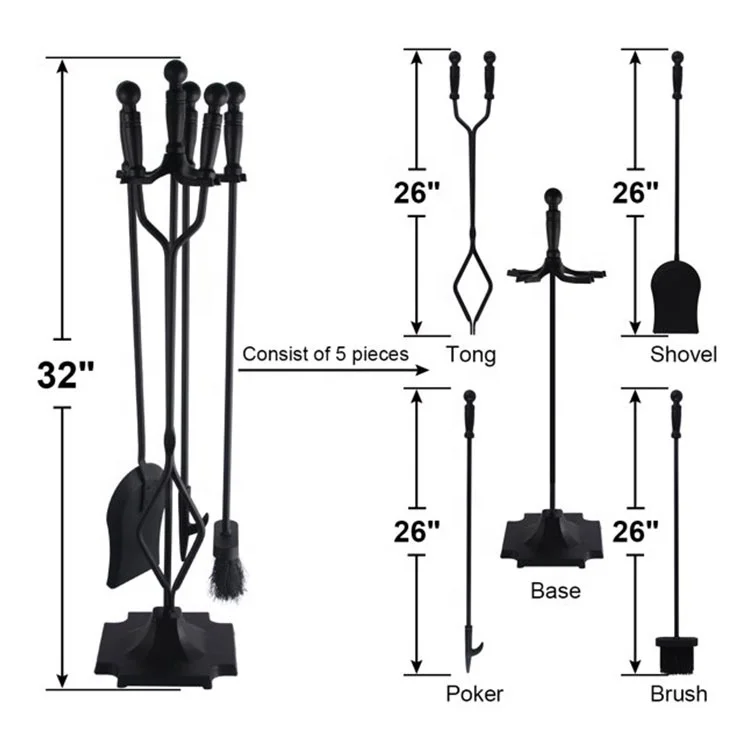 Large Wrought Iron Outdoor Fire Pit Stand with 5-Piece Fireplace Tools Set for Outdoor Fireset & Fire Tool Holder