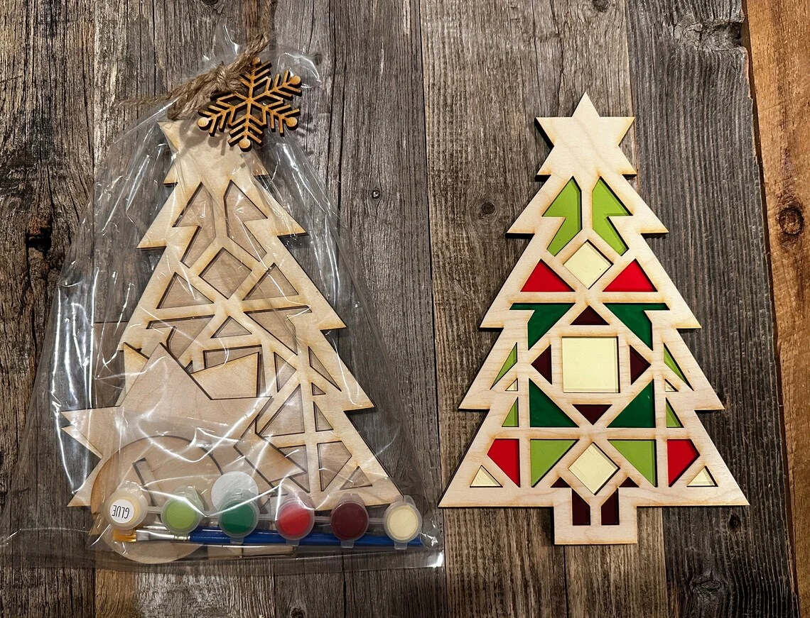 WBG DIY Barn Quilt Pattern Christmas Tree Ornaments Painting Kit, DIY Craft Kit, Holiday Ornament Christmas Craft
