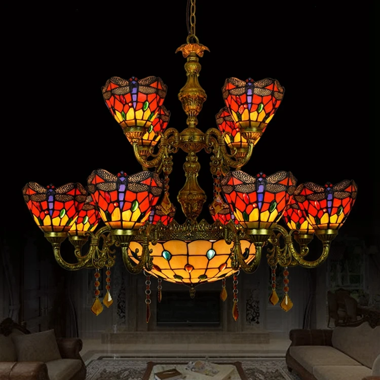 Tiffany red Dragonfly Chandelier Vintage Handmade Stained Glass Pendant Lamp Retro Multi-Head Chandelier for Living Room hall
