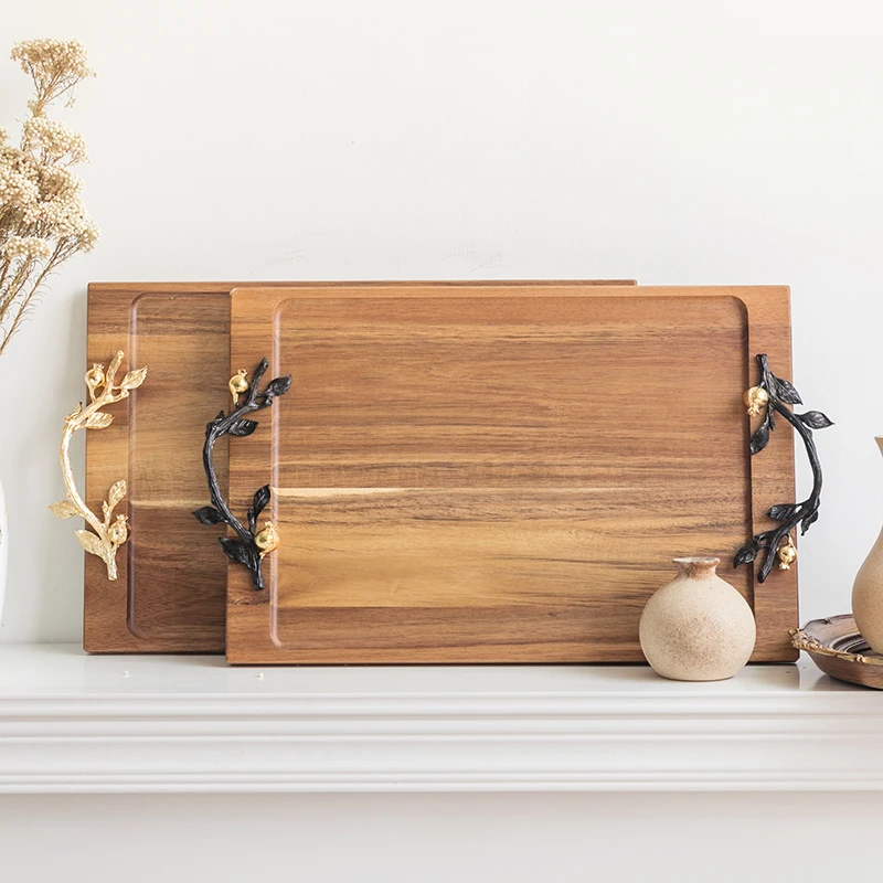 Wholesale Acacia Wood Food Serving Trays with Handle Fruit Steak Platter for Breakfast in Bed Rustic Wooden Tray