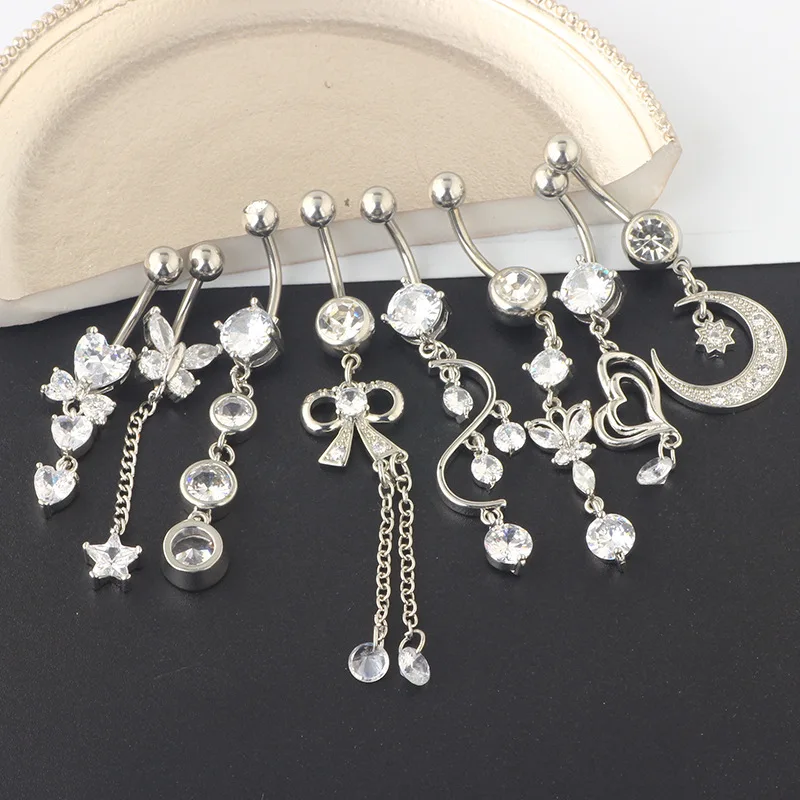 8pcs/set Stainless Steel Butterfly Moon Heart Wing Water Drop Zircon Sexy Belly Ring Navel Piercing Women Button Ring Jewelry