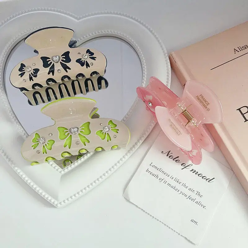 Wholesale custom baby hair claw clips girls rhinestone pink diamond bow hair accessories for children