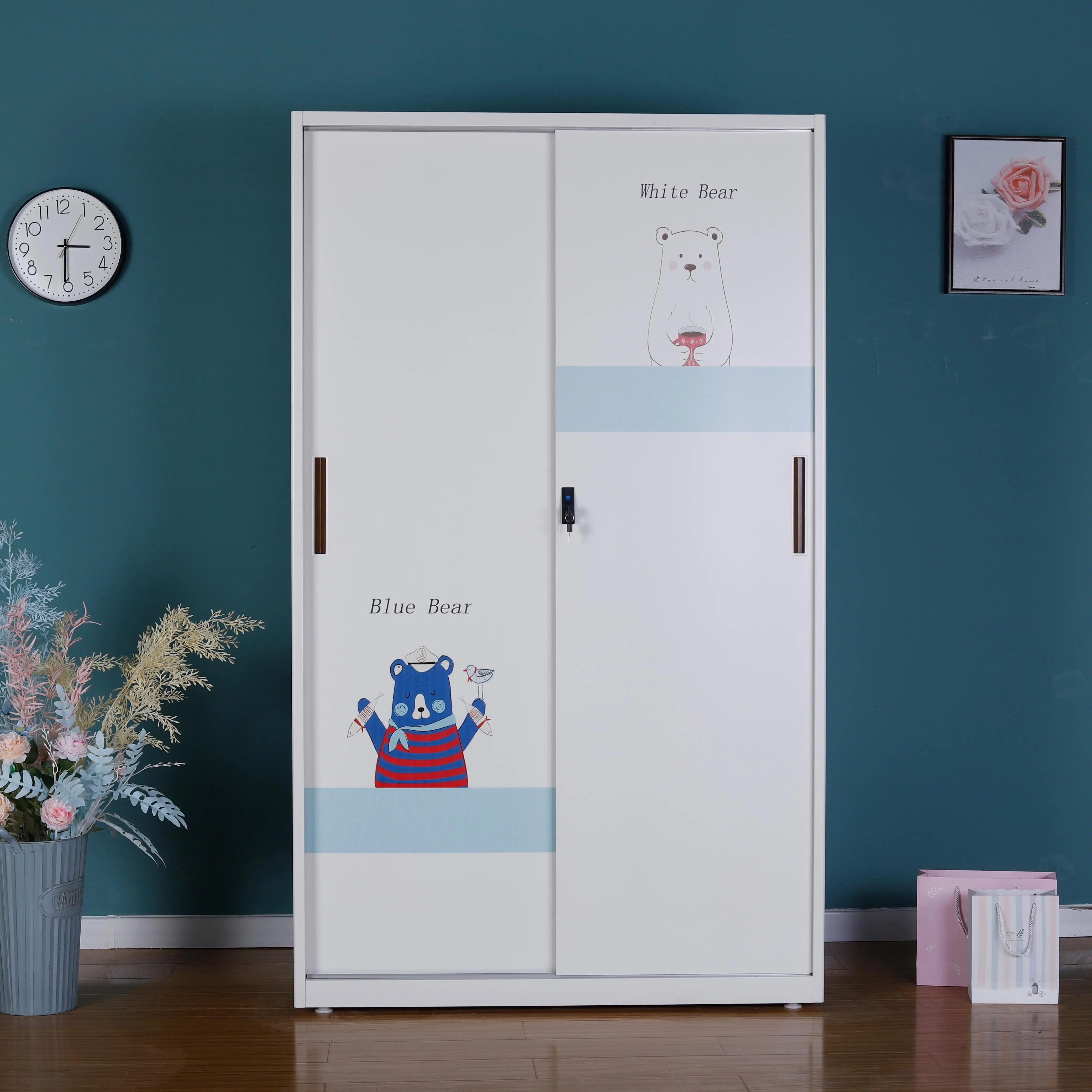 Home Sliding Metal Furniture Bedroom Cheap Lemari Pakaian Closet Cabinet Children Kids Pattern Cloth Baby Wardrobe for Child