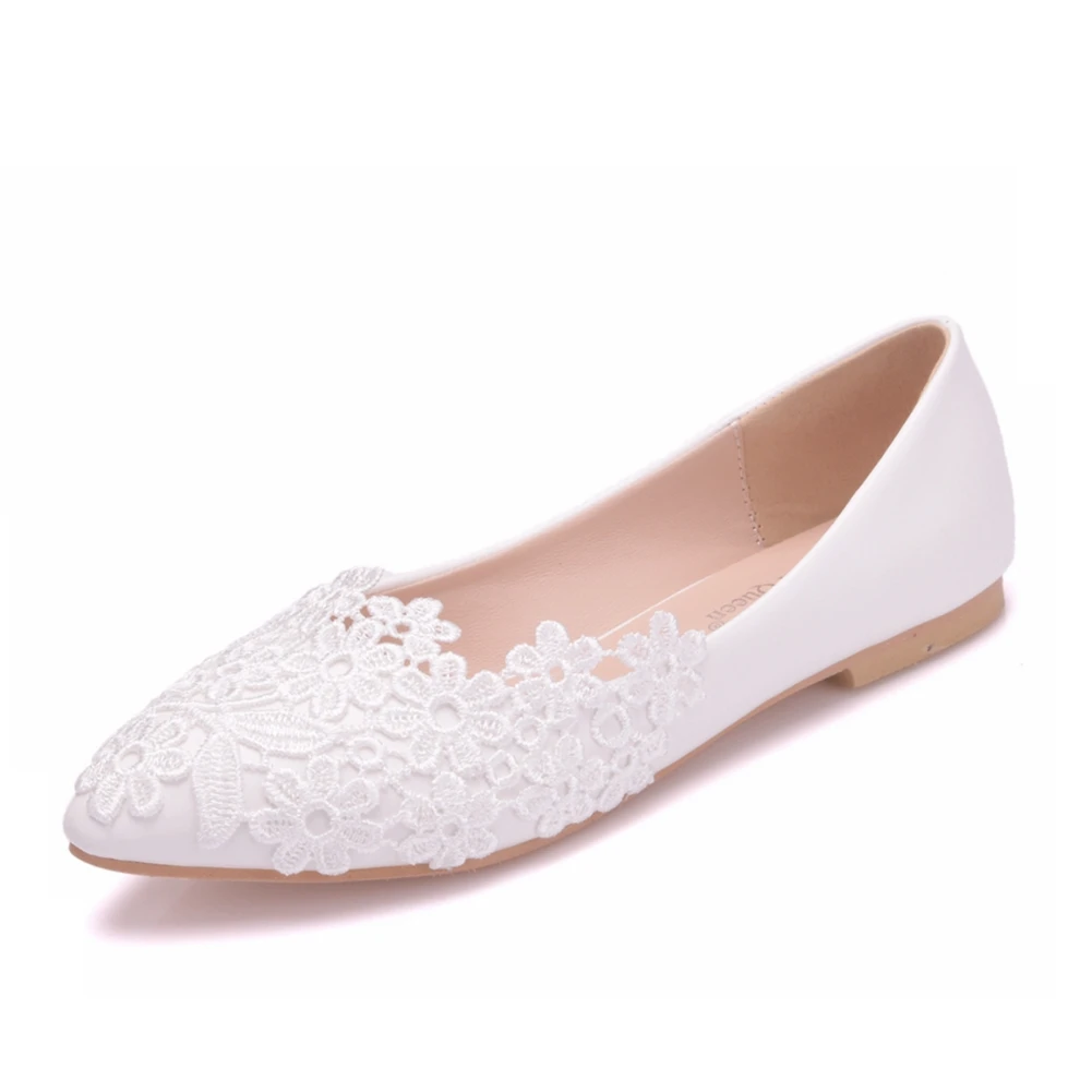 Ballet Flats White Lace Wedding Shoes Flat Heel Casual Shoes Pointed Toe Princess Flats Plus Size 43