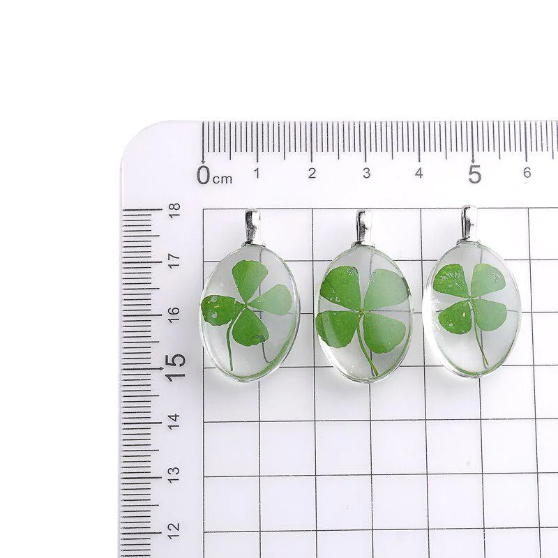 Handmade Pressed Natural Four Leaf Clover Dried Flower Grass Oval Pendant DIY Earrings Necklace Jewelry Making Findings