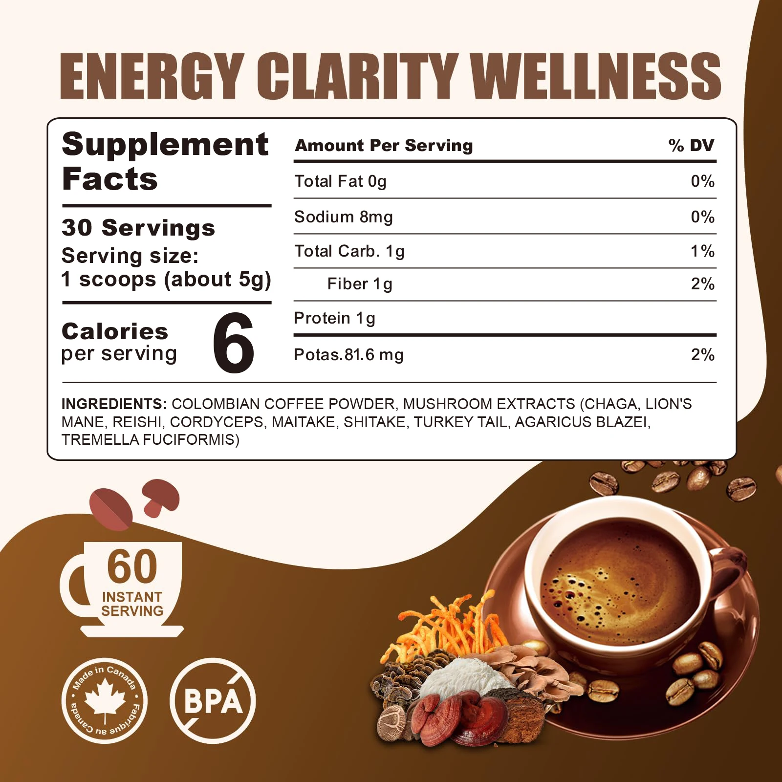 Private Label Mushroom Coffee Organic Instant Coffee MCT Oil Cordyceps Lions Mane Turkey Tail 10 Mushroom Complex Powder