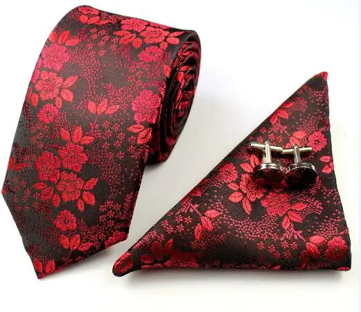 Fashion Floral Necktie Sets 7cm Silk Jacquard Woven Neck Ties Pocket Square with Cufflinks for Men Wedding Business Accessories