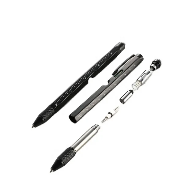 Ballpoint pen with level and screwdriver ruler stylus and scale multi-function metal tool pen