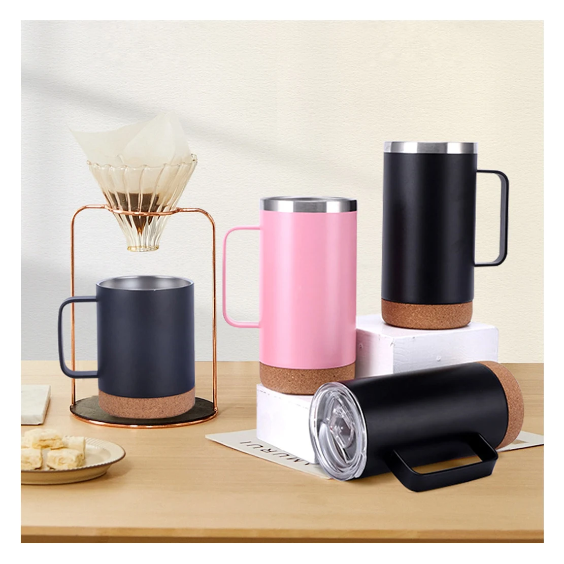 Custom 500 ml Travel Water Bottle with Cork Bottom Stainless Steel Vacuum Coffee Mug Cork Base Tea Beer Drink Bottle Tumbler