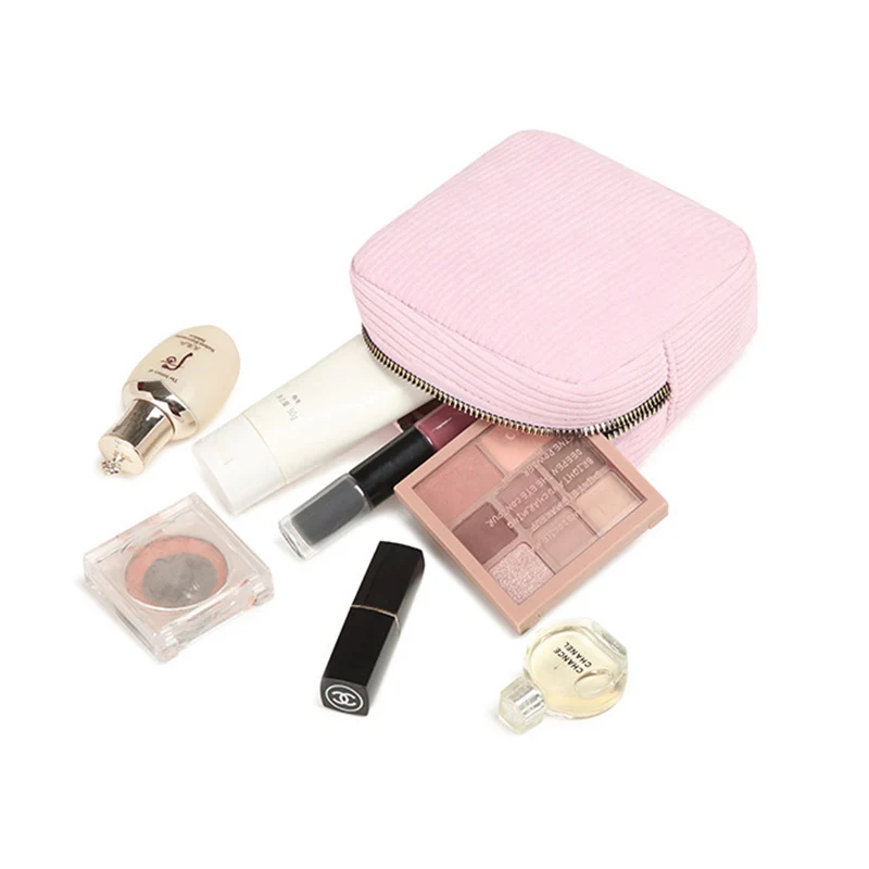 Personalized embroidery name ribbed cosmetic bag big capacity corduroy pouches candy color portable toiletry makeup bag for gift