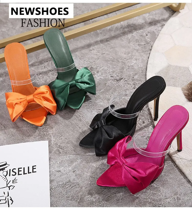 2021 г., Новое поступление, летние женские шлепанцы на высоком каблуке с острым носком и бантом женские сандалии