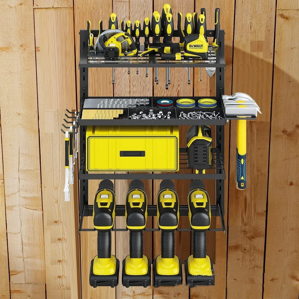 Power Tool Organizer Wall Mount Garage Organizers and Storage With Hammer Holder 4 Layer Heavy Duty Shelves