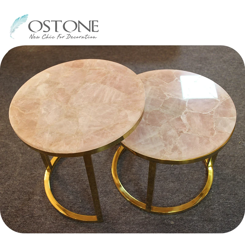 Delicate Living Room Furniture Round Green Pink Semiprecious Stone Nesting Coffee Table