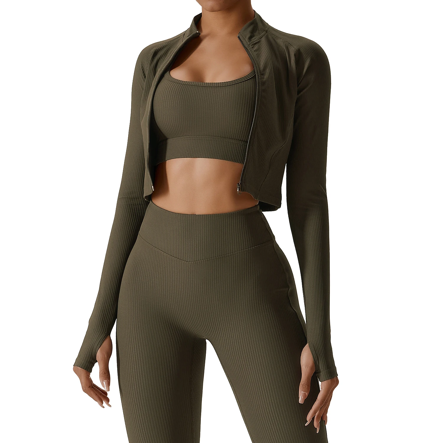 Custom Women Soft Comfort Quick Dry Ribbed V Cut Flare Pants and Jacket  Sports Bra Tops Set