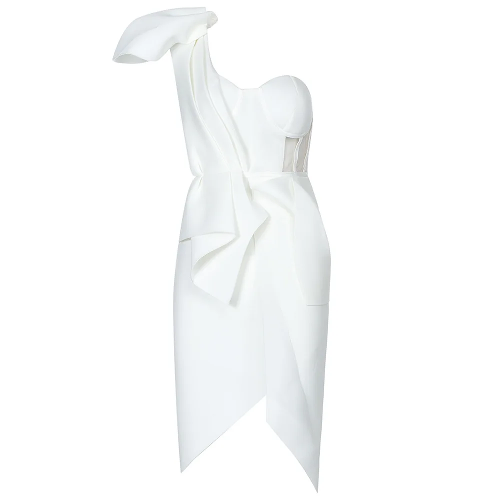 
New 2020 White Yellow One Shoulder Design dress Women Lady Elegant Bow Bodycon Club Dresses 
