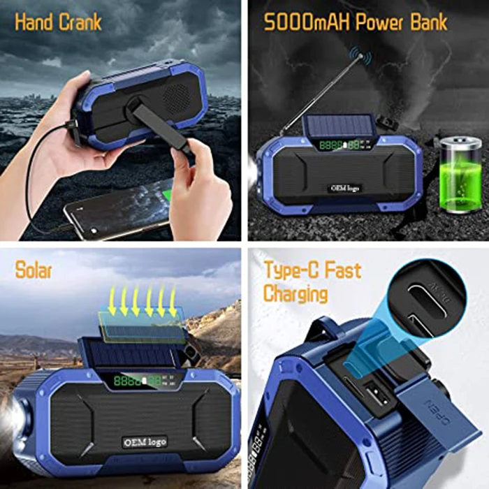 OEM Logo 5000Mah Power Bank Led Camping Flashlight Outdoor Ipx5 Waterproof Am Fm Noaa Sos Alarm Hand Crank Solar Emergency Radio